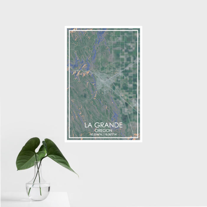 16x24 La Grande Oregon Map Print Portrait Orientation in Afternoon Style With Tropical Plant Leaves in Water