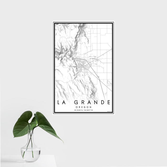 16x24 La Grande Oregon Map Print Portrait Orientation in Classic Style With Tropical Plant Leaves in Water