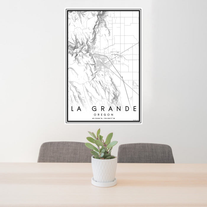 24x36 La Grande Oregon Map Print Portrait Orientation in Classic Style Behind 2 Chairs Table and Potted Plant