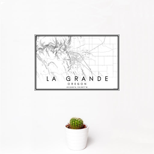 12x18 La Grande Oregon Map Print Landscape Orientation in Classic Style With Small Cactus Plant in White Planter