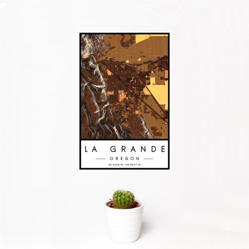 12x18 La Grande Oregon Map Print Portrait Orientation in Ember Style With Small Cactus Plant in White Planter