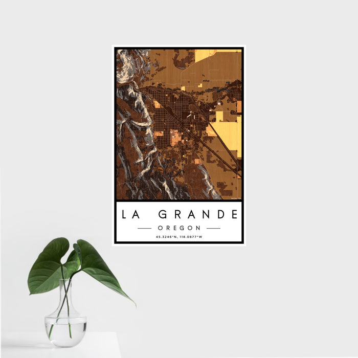 16x24 La Grande Oregon Map Print Portrait Orientation in Ember Style With Tropical Plant Leaves in Water