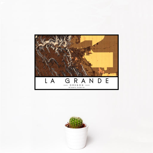 12x18 La Grande Oregon Map Print Landscape Orientation in Ember Style With Small Cactus Plant in White Planter