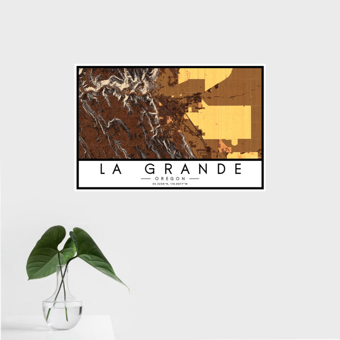 16x24 La Grande Oregon Map Print Landscape Orientation in Ember Style With Tropical Plant Leaves in Water