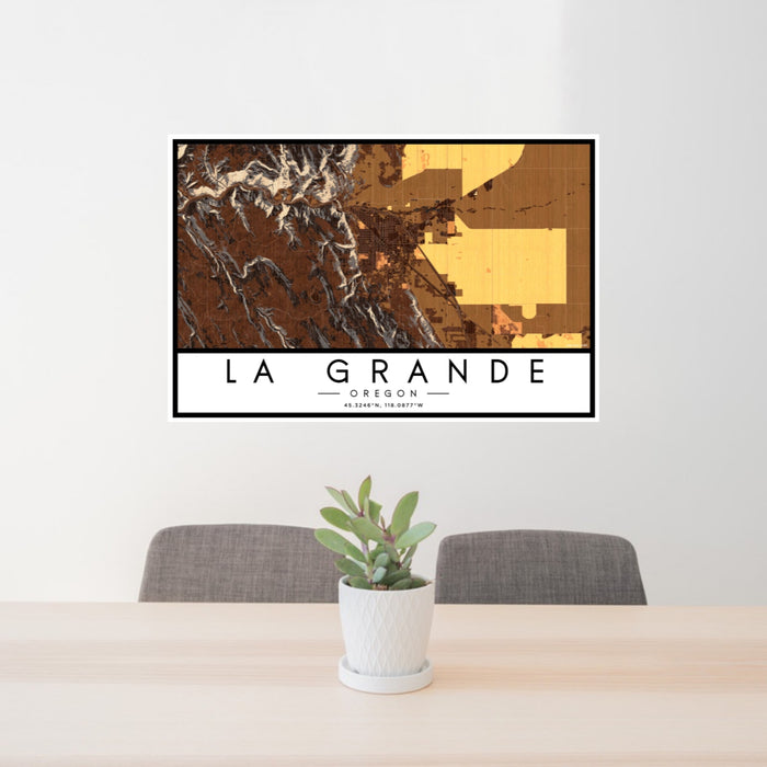 24x36 La Grande Oregon Map Print Landscape Orientation in Ember Style Behind 2 Chairs Table and Potted Plant
