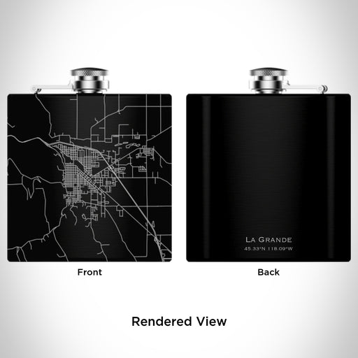Rendered View of La Grande Oregon Map Engraving on 6oz Stainless Steel Flask in Black