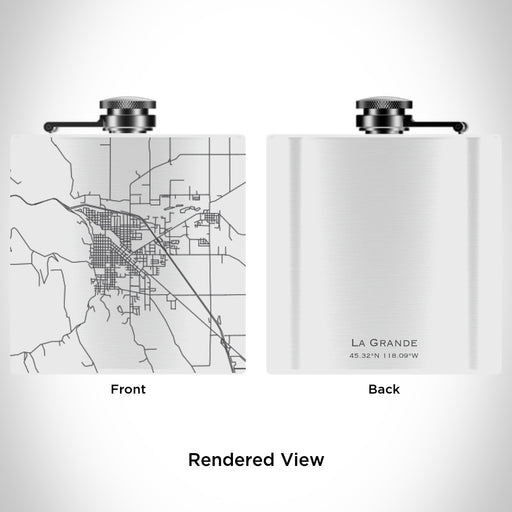 Rendered View of La Grande Oregon Map Engraving on 6oz Stainless Steel Flask in White