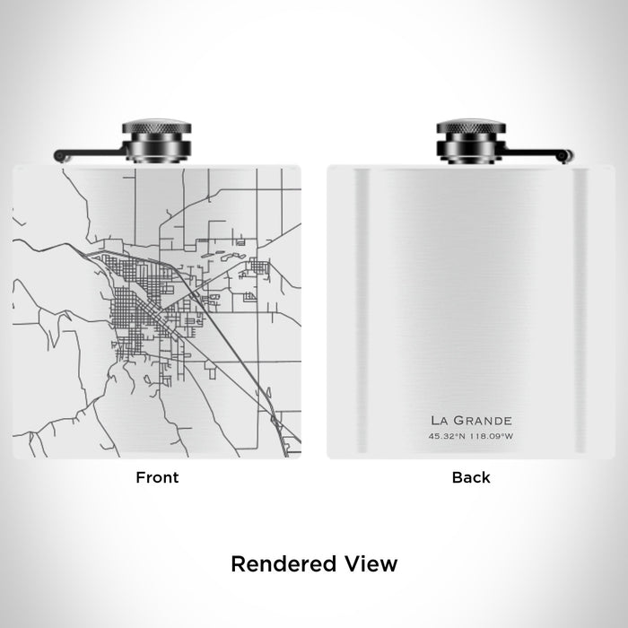 Rendered View of La Grande Oregon Map Engraving on 6oz Stainless Steel Flask in White