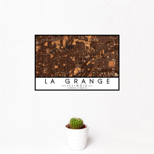12x18 La Grange Illinois Map Print Landscape Orientation in Ember Style With Small Cactus Plant in White Planter