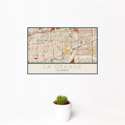 12x18 La Grange Illinois Map Print Landscape Orientation in Woodblock Style With Small Cactus Plant in White Planter