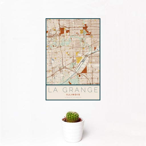 12x18 La Grange Illinois Map Print Portrait Orientation in Woodblock Style With Small Cactus Plant in White Planter