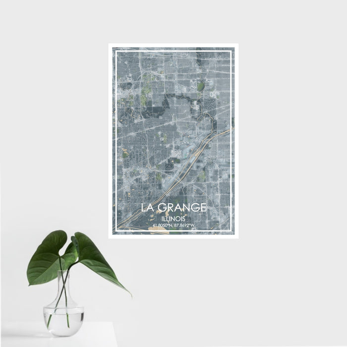 16x24 La Grange Illinois Map Print Portrait Orientation in Afternoon Style With Tropical Plant Leaves in Water