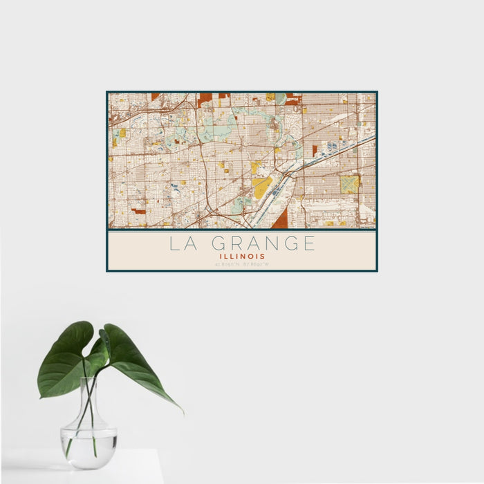 16x24 La Grange Illinois Map Print Landscape Orientation in Woodblock Style With Tropical Plant Leaves in Water