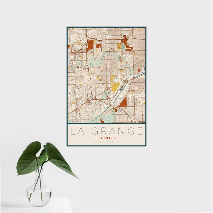 16x24 La Grange Illinois Map Print Portrait Orientation in Woodblock Style With Tropical Plant Leaves in Water