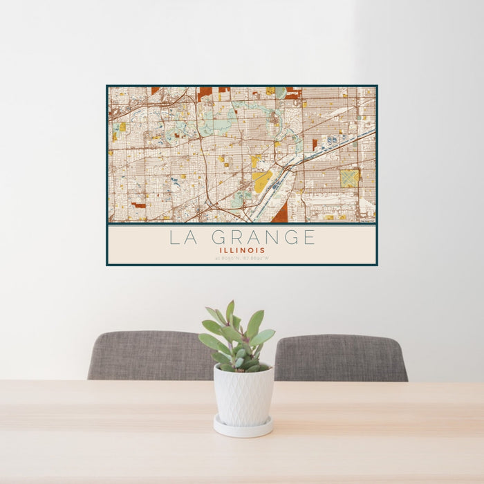 24x36 La Grange Illinois Map Print Lanscape Orientation in Woodblock Style Behind 2 Chairs Table and Potted Plant