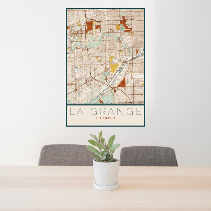 24x36 La Grange Illinois Map Print Portrait Orientation in Woodblock Style Behind 2 Chairs Table and Potted Plant