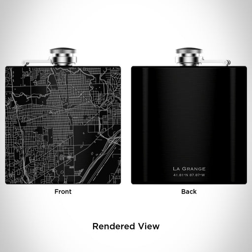 Rendered View of La Grange Illinois Map Engraving on 6oz Stainless Steel Flask in Black