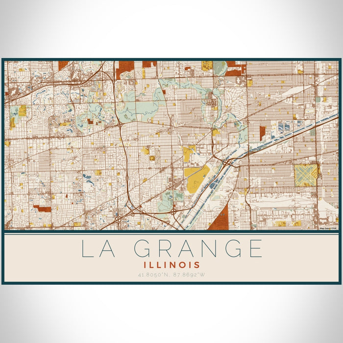 La Grange Illinois Map Print Landscape Orientation in Woodblock Style With Shaded Background