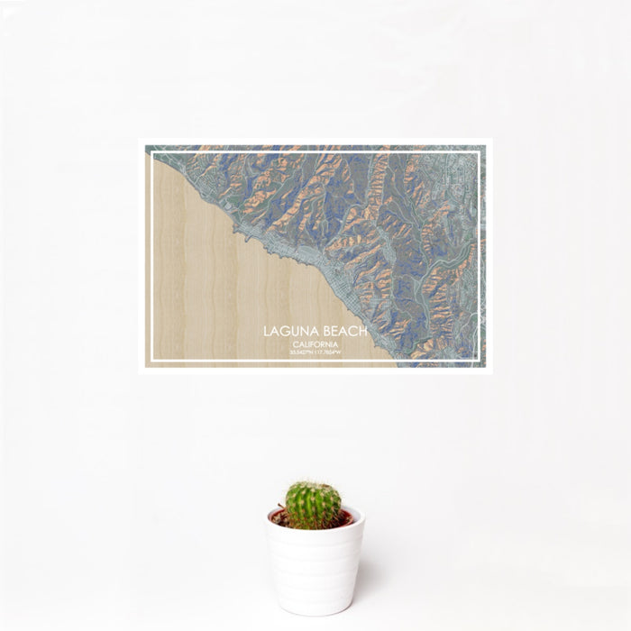 12x18 Laguna Beach California Map Print Landscape Orientation in Afternoon Style With Small Cactus Plant in White Planter