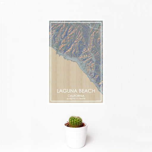 12x18 Laguna Beach California Map Print Portrait Orientation in Afternoon Style With Small Cactus Plant in White Planter