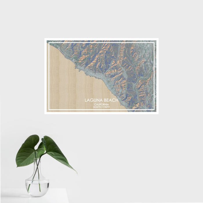 16x24 Laguna Beach California Map Print Landscape Orientation in Afternoon Style With Tropical Plant Leaves in Water
