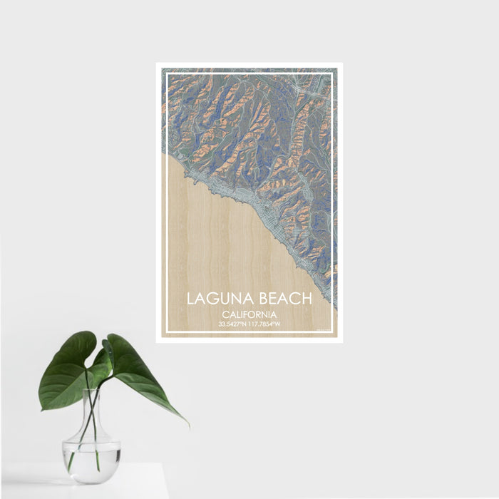 16x24 Laguna Beach California Map Print Portrait Orientation in Afternoon Style With Tropical Plant Leaves in Water
