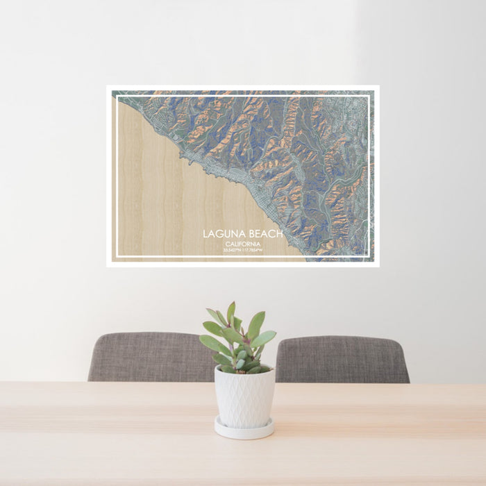 24x36 Laguna Beach California Map Print Lanscape Orientation in Afternoon Style Behind 2 Chairs Table and Potted Plant