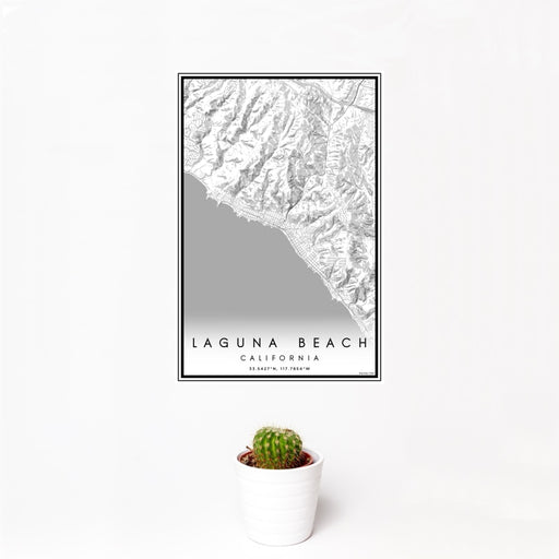 12x18 Laguna Beach California Map Print Portrait Orientation in Classic Style With Small Cactus Plant in White Planter