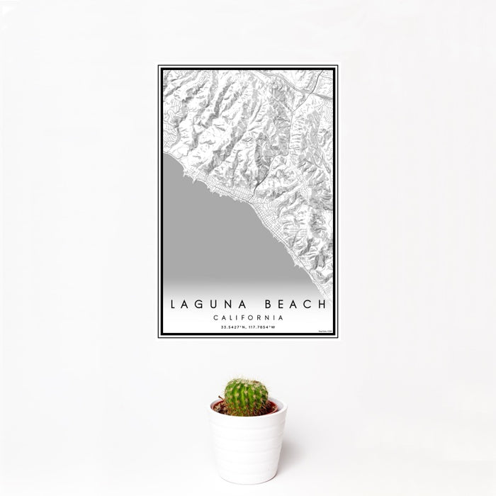 12x18 Laguna Beach California Map Print Portrait Orientation in Classic Style With Small Cactus Plant in White Planter