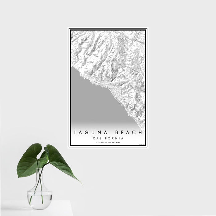 16x24 Laguna Beach California Map Print Portrait Orientation in Classic Style With Tropical Plant Leaves in Water