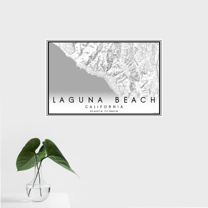 16x24 Laguna Beach California Map Print Landscape Orientation in Classic Style With Tropical Plant Leaves in Water