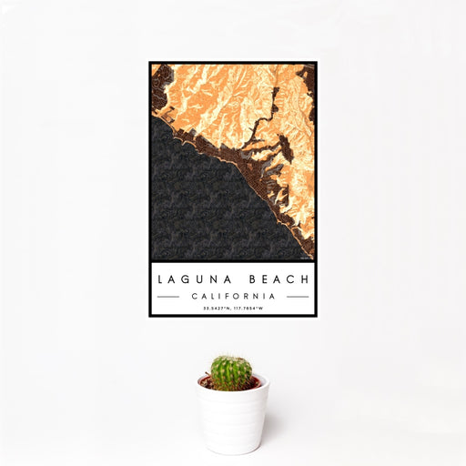 12x18 Laguna Beach California Map Print Portrait Orientation in Ember Style With Small Cactus Plant in White Planter