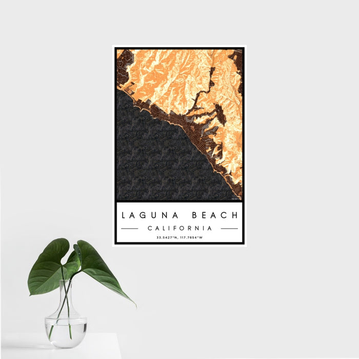 16x24 Laguna Beach California Map Print Portrait Orientation in Ember Style With Tropical Plant Leaves in Water