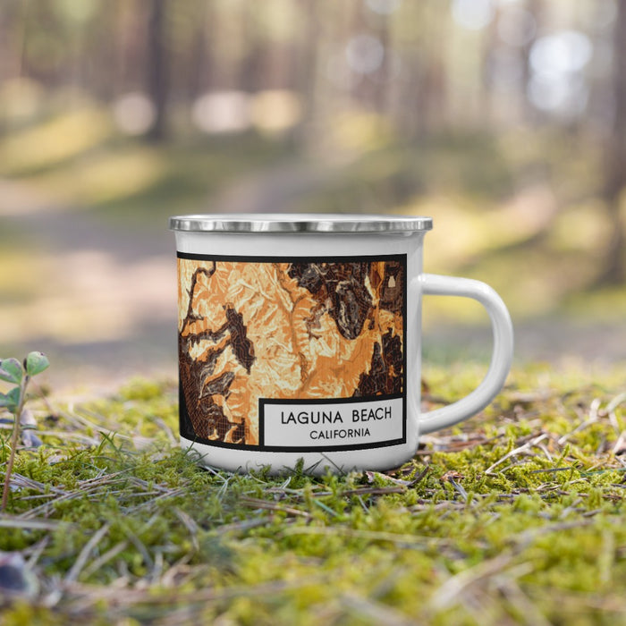 Right View Custom Laguna Beach California Map Enamel Mug in Ember on Grass With Trees in Background