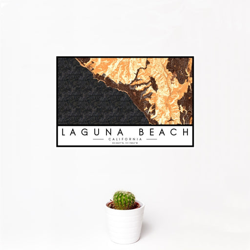 12x18 Laguna Beach California Map Print Landscape Orientation in Ember Style With Small Cactus Plant in White Planter