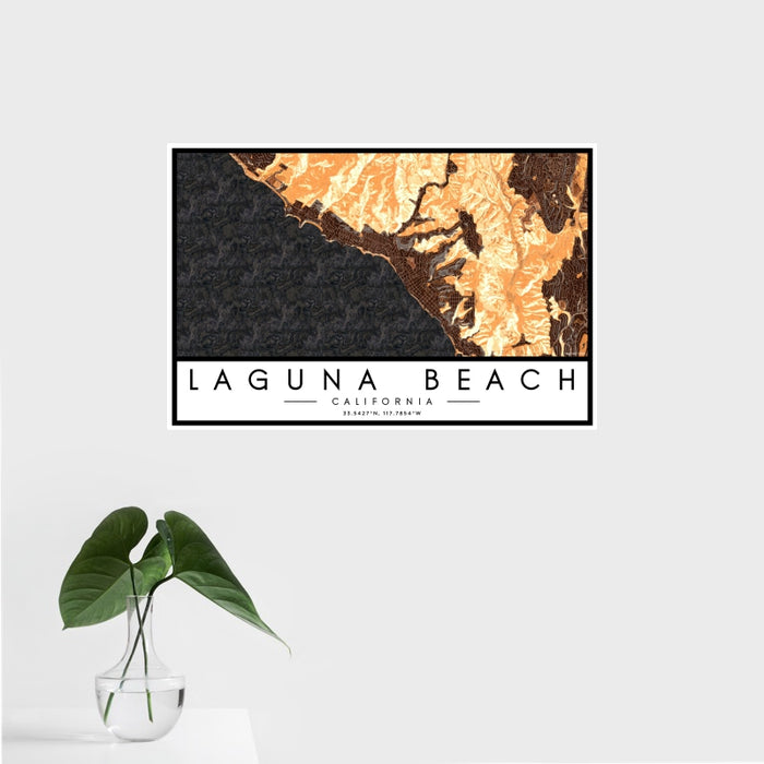 16x24 Laguna Beach California Map Print Landscape Orientation in Ember Style With Tropical Plant Leaves in Water