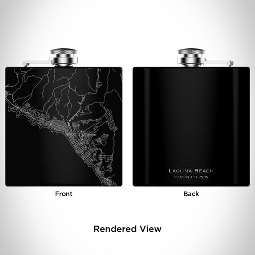 Rendered View of Laguna Beach California Map Engraving on 6oz Stainless Steel Flask in Black