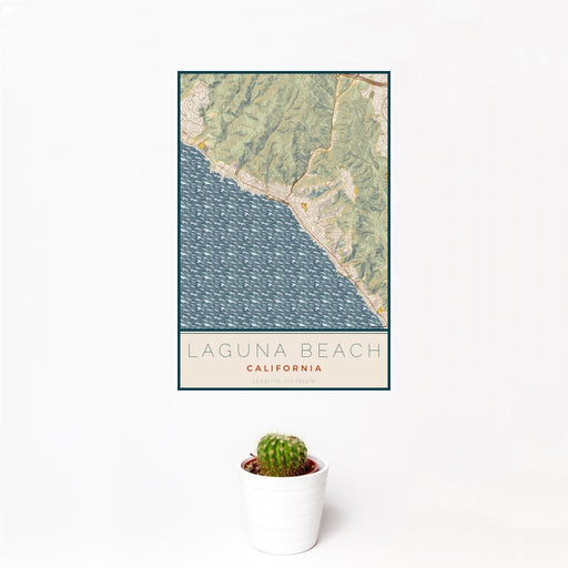 12x18 Laguna Beach California Map Print Portrait Orientation in Woodblock Style With Small Cactus Plant in White Planter