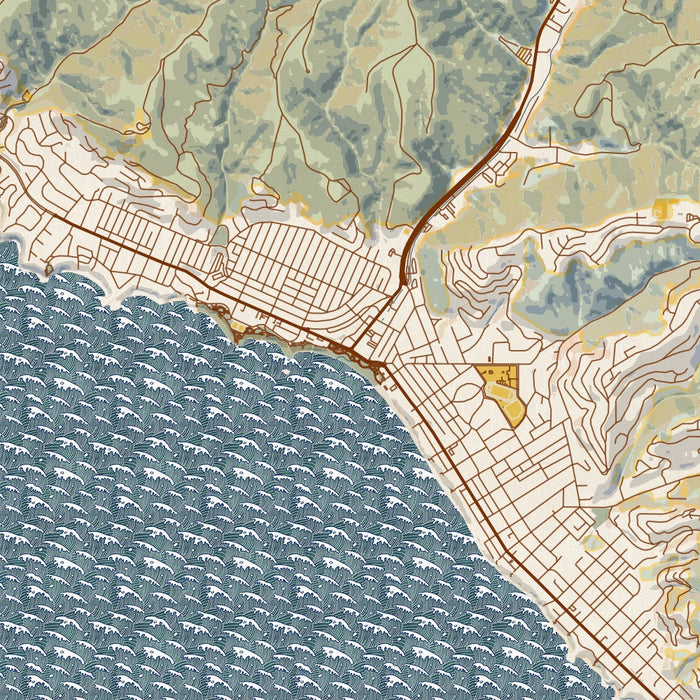 Laguna Beach California Map Print in Woodblock Style Zoomed In Close Up Showing Details