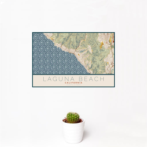 12x18 Laguna Beach California Map Print Landscape Orientation in Woodblock Style With Small Cactus Plant in White Planter