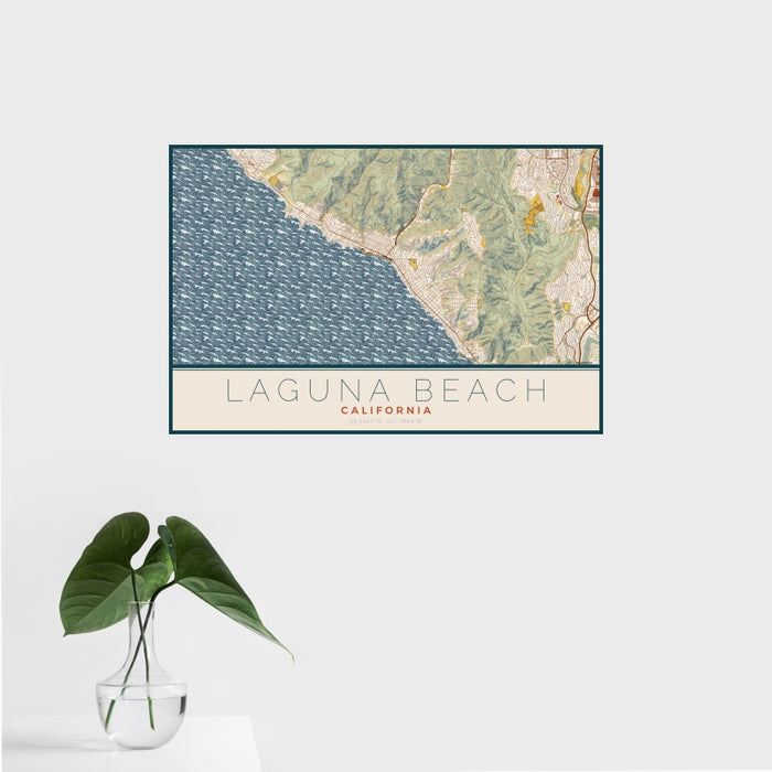 16x24 Laguna Beach California Map Print Landscape Orientation in Woodblock Style With Tropical Plant Leaves in Water