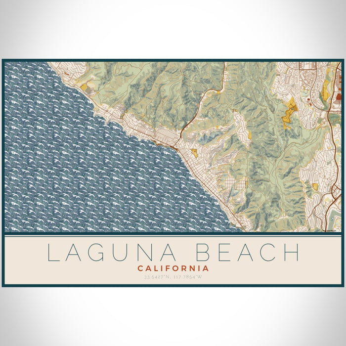 Laguna Beach California Map Print Landscape Orientation in Woodblock Style With Shaded Background