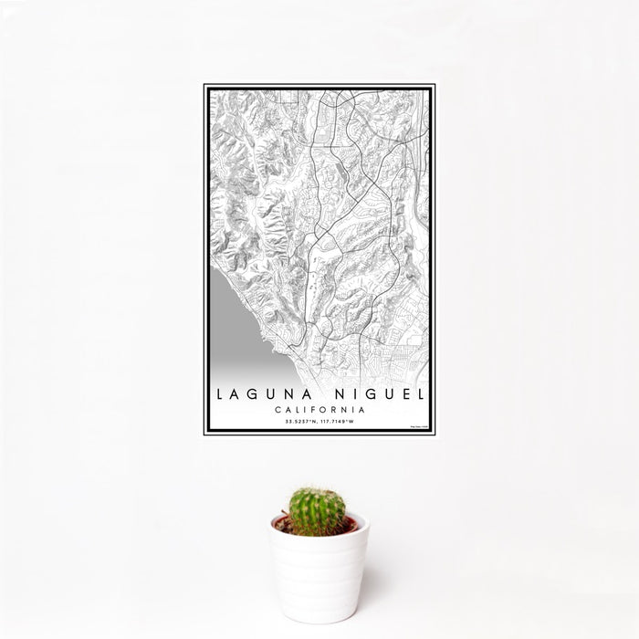 12x18 Laguna Niguel California Map Print Portrait Orientation in Classic Style With Small Cactus Plant in White Planter