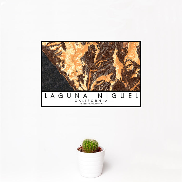 12x18 Laguna Niguel California Map Print Landscape Orientation in Ember Style With Small Cactus Plant in White Planter