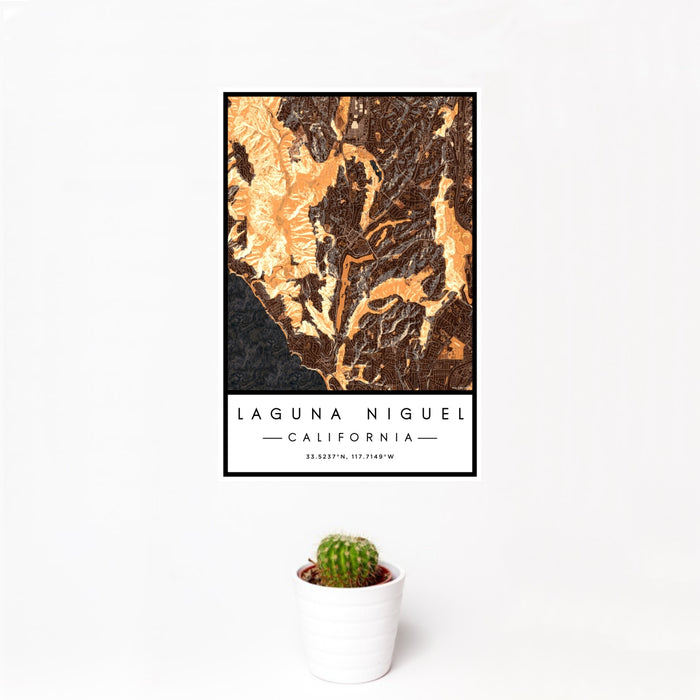 12x18 Laguna Niguel California Map Print Portrait Orientation in Ember Style With Small Cactus Plant in White Planter