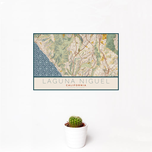 12x18 Laguna Niguel California Map Print Landscape Orientation in Woodblock Style With Small Cactus Plant in White Planter
