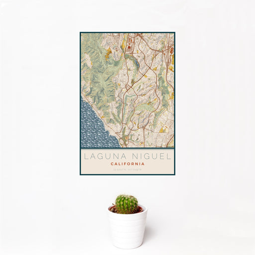 12x18 Laguna Niguel California Map Print Portrait Orientation in Woodblock Style With Small Cactus Plant in White Planter
