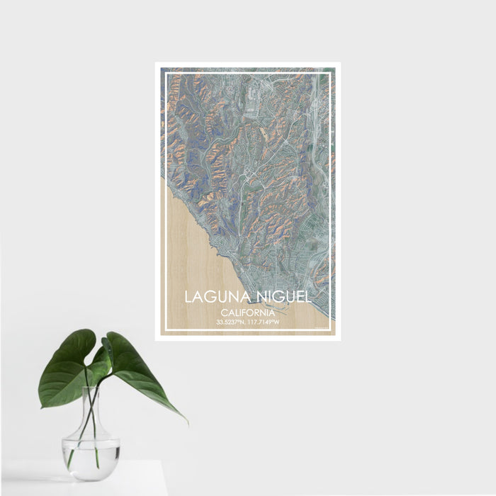 16x24 Laguna Niguel California Map Print Portrait Orientation in Afternoon Style With Tropical Plant Leaves in Water