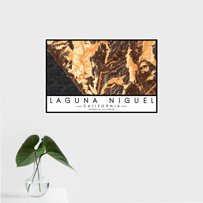 16x24 Laguna Niguel California Map Print Landscape Orientation in Ember Style With Tropical Plant Leaves in Water