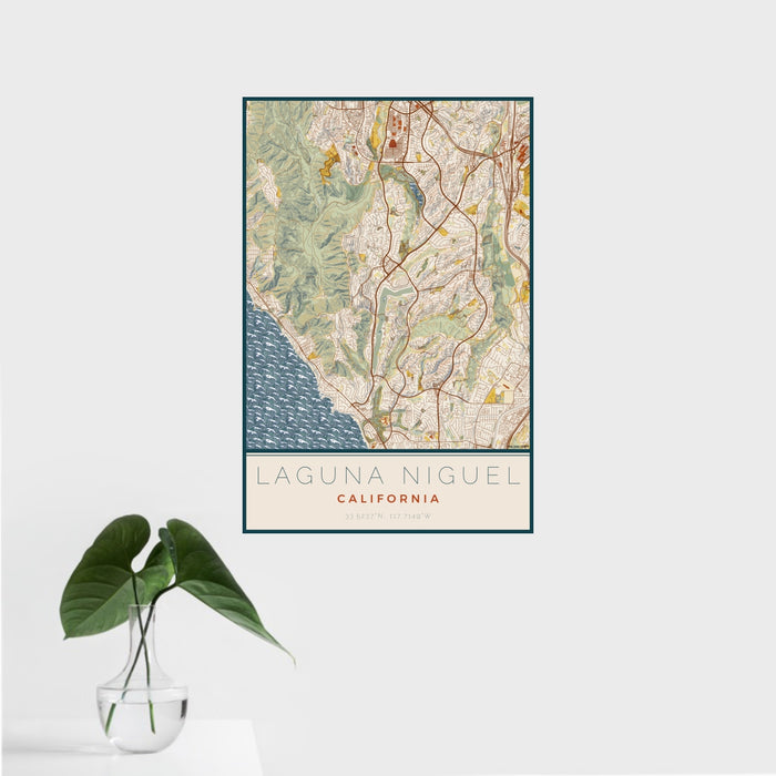 16x24 Laguna Niguel California Map Print Portrait Orientation in Woodblock Style With Tropical Plant Leaves in Water